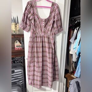 Free People Tulie Pink and Brown Plaid Midi Dress